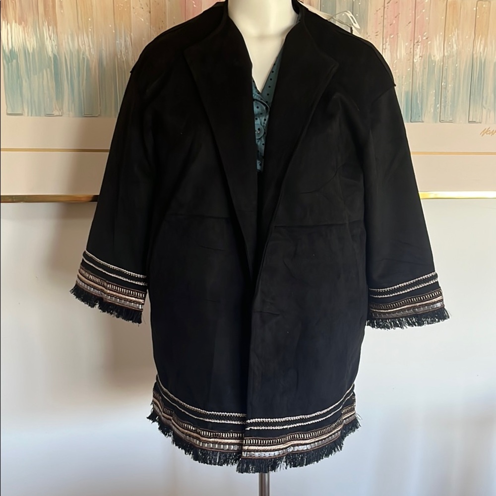 NWT Zara Elegant Black Jacket with Fringe Accents S-L
